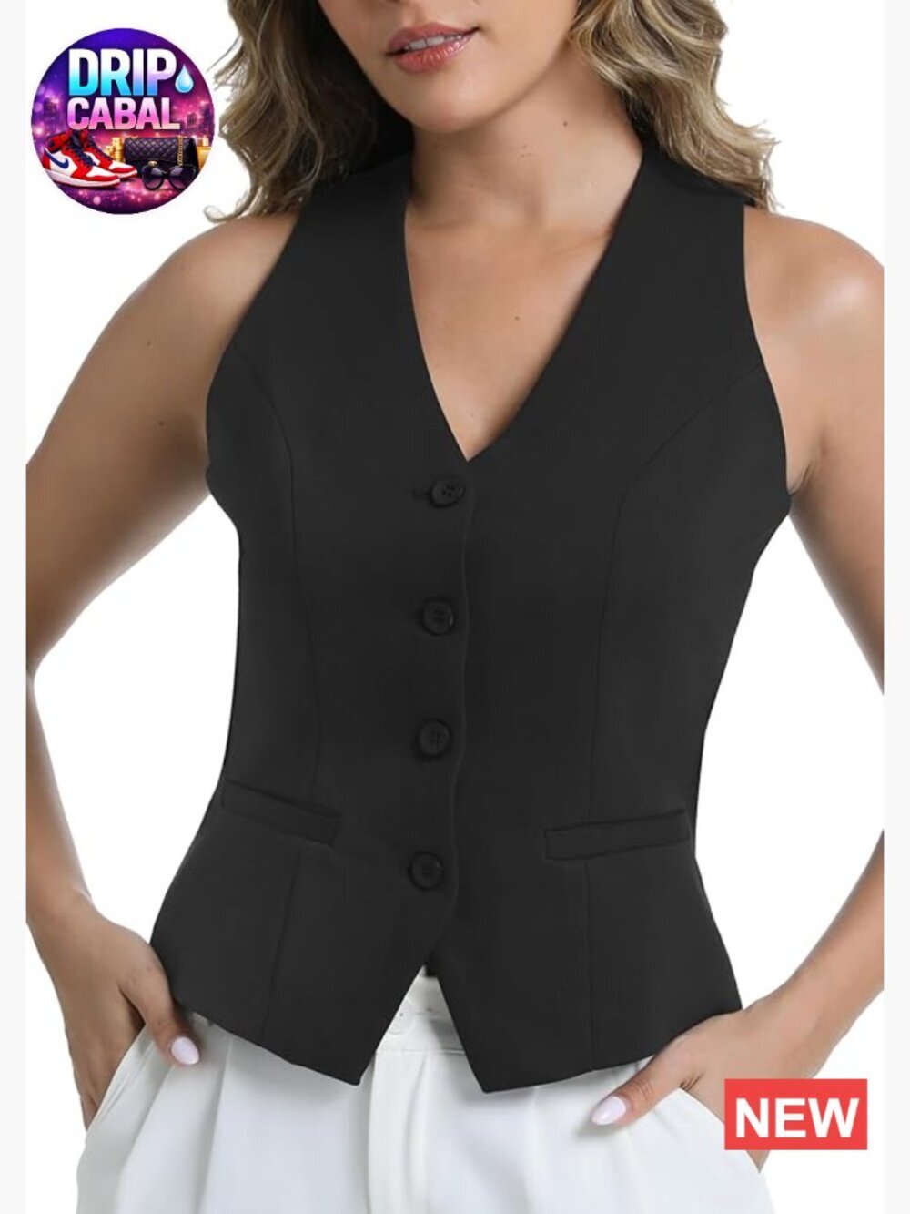 V-Neck Sleeveless Button Down Vest Waistcoat Business Casual Top Stretch Fabric